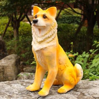 Imagem de POYUFRG Escultura de jardim, estátuas de cachorro Shiba, decoração realista de animais de resina ao ar livre para quintal varanda pátio ornamento de gramado, laranja, 17 * 26 * 35 cm