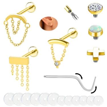 Imagem de ZS Anel labial com pingente de ouro 16G - 6 mm 8 mm Labret Studs para cartilagem, hélice, tragus, lóbulo - aço inoxidável hipoalergênico, 3 peças com cone de inserção e discos de silicone, 8mm, Aço