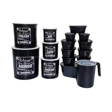 Imagem de Sonhos, Conjunto de Potes Herméticos para Mantimentos, 11 Peças, Preto com Estampa Decorativa, Organizador de Cozinha com Tampa