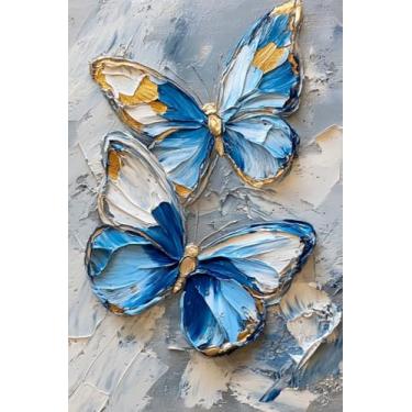 Imagem de Yikenjoy Pintura a óleo texturizada 3D sobre tela, arte de parede borboleta azul e dourada, 91 x 61 cm, decoração de casa abstrata contemporânea pintada à mão