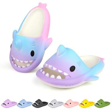 Imagem de LUYOO Chinelos infantis com nuvem de tubarão | Sandálias para meninos e meninas | Chinelos de praia infantis | Chinelo de peixe juvenil para banho de piscina, Roxo arco-íris, 21-22
