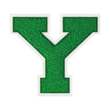 Imagem de 1 peça de patch de letra de chenille verde de 11,4 cm com borda branca – adesivos do alfabeto para roupas, jaquetas, mochilas, chapéus para decoração personalizada, nome personalizado e artesanato. (Y