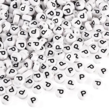 Imagem de Elecrelive 500 peças contas de letras redondas planas 7 mm contas brancas do alfabeto para pulseira da amizade, colar, fabricação de joias (letra P)