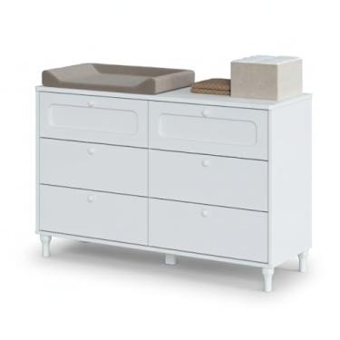 Imagem de Cômoda Infantil Fofura 6 Gavetas Divicar em MDF com Pés e Puxadores em Madeira Maciça, Trilhos Telescópicos, Pintura Atóxica e Sistema Anti Tombamento (Branco)