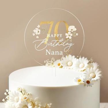 Imagem de Happy 70th Birthday Nana Cake Topper, Acrylic Color Print Cake Decoration for Cheers to 70 Years Birthday Party Ideas for Nana Grandmother and Mother Party Cake Decor Accessories, Floral Design