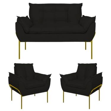 Imagem de Kit 02 Poltronas + Namoradeira Reforçada Opala Metal Dourado Preto