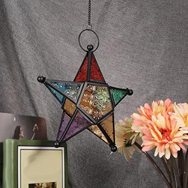 Imagem de Phefop Lanterna Estrela Marroquina, Castiçal de Vidro Colorido, Suporte Vintage de Ferro para Decoração de Jardim Doméstico (Preto)