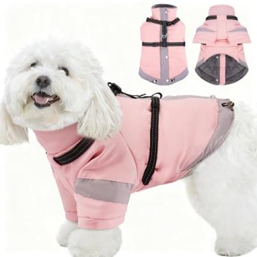 Imagem de Casaco de cachorro de gola rolê com arnês embutido - P, forro macio e quente | Arreio refletivo ajustável para cães pequenos, dia de neve, impermeável, jaqueta à prova de vento e resistente ao frio