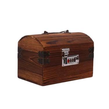 Imagem de Cofre de tesouro antigo, madeira maciça com trava e compartimento de moeda unidirecional para presentes personalizados e economias seguras (tamanho único)
