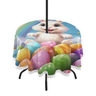 Imagem de Blueangle Toalha de mesa redonda impermeável de 152 cm arco-íris coelhinho da Páscoa com orifício para guarda-chuva - Tecido resistente à prova de sol para todos os climas para pátio, acampamento