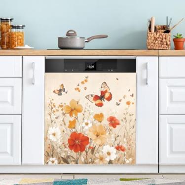 Imagem de ATTX Flores, borboleta, lava-louças, ímã, capa, 58,4 cm C x 66 cm A, decoração frontal da capa da máquina de lavar louça, decalques para armários domésticos e eletrodomésticos #78