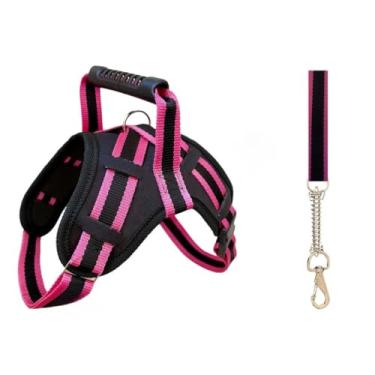 Imagem de Coleira Peitoral Ajustável com Guia para Cães Grandes – Peitoral Resistente com Anti-Puxão para Pitbull Doberman e Raças Fortes (PRETO COM ROSA,GG)