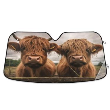 Imagem de ATTX Para-brisa de carro Two Scottish Highlands Cow 134.6 cm x 59.7 cm Protetor solar universal com proteção UV, persiana de janela frontal automática dobrável para caminhões Sedans SUVs #578