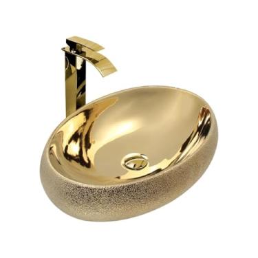 Imagem de Kit Cuba Pia Cerâmica para Banheiro com Torneira e Válvula Dourada, Design Moderno, Acabamento Esmaltado, Sobrepor