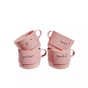 Imagem de Conjunto de 4 Xícaras Decorativas Empilháveis, Acrílico, 200ml, com Frases Inspiradoras Fe Amor Familia Gratidao, Padrão de Bolinhas, em Branco, Rosa, Turquesa e Vermelha (Rosa)