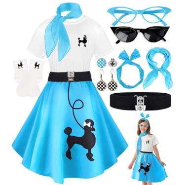Imagem de 10 peças de roupas para meninas, roupas dos anos 50 para crianças, saias poodle, camiseta com acessórios dos anos 1950, meias, cachecol, faixa de cabeça, cinto, brinco, festa de Halloween, vestido