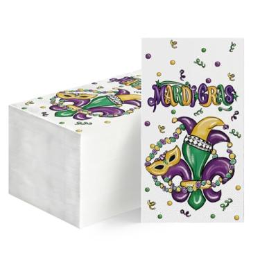 Imagem de Horaldaily 50 guardanapos decorativos de papel descartáveis MardiGras, máscara flor de lis toalha de mão para festa, almoço, jantar, cozinha, decoração de banheiro