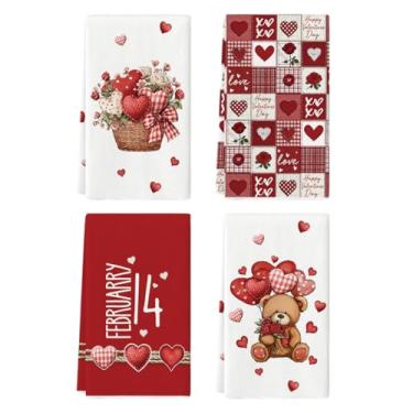 Imagem de Artoid Mode Design quadriculado cesta rosa amor coração urso toalhas de cozinha dos namorados, 45 x 66 centímetros decoração de casamento conjunto de limpeza de 4