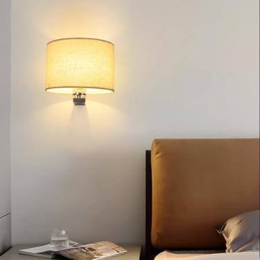 Imagem de GZZBMY E27 Lâmpadas de parede internas Arandela de metal moderna com tecido redondo Abajur Iluminação de parede de cabeceira para quarto sala de estar Escada (sem lâmpada) (Redondo, Prata Bege)