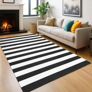 Imagem de KOZYFLY Tapete preto e branco listrado para ambientes externos 6 x 6 pés lavável tapete de sala de estar casa de fazenda tapete de pátio tecido à mão de algodão interno e externo para sala de estar quarto pátio ao ar livre