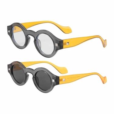 Imagem de HARFINGTON 2 peças de óculos de sol para mulheres e homens, armação redonda retrô de policarbonato óculos de sol modernos com proteção solar para dirigir, fazer compras e tirar fotos, cinza