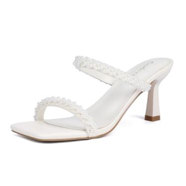 Imagem de Goderci Salto gatinho feminino com duas tiras mules meio quadrado aberto sandália de salto sem cadarço, Pérola branca, 36