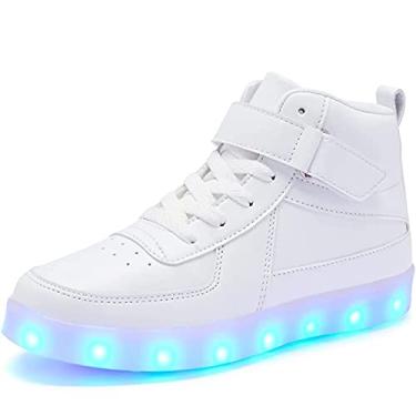 Imagem de Sufuinu Tênis infantil com luz LED carregamento USB cano alto piscando novidade sapato infantil luminoso para aniversário, festa, presente de desempenho, Branco, 13 Little Kid