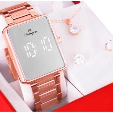 Imagem de Kit Relógio Champion Feminino Digital Espelhado Colar Brincos CH40086Z-Feminino
