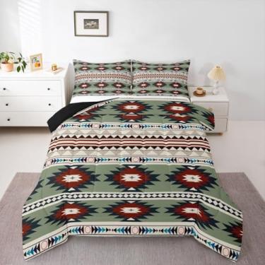 Imagem de jejeloiu Conjunto de edredom com design nativo americano do sudoeste, todas as estações, geométrico do sudoeste, com 2 fronhas, roupa de cama tradicional navajo infantil, queen
