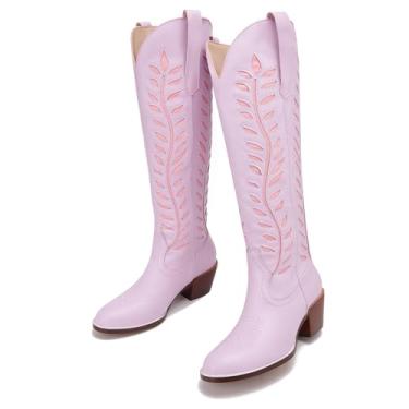 Imagem de Yishaweiqi Botas caubói bordadas femininas de bico redondo amêndoa salto grosso, botas de cowgirl na altura do joelho, botas ocidentais com incrustação de folhagem contrastante, Roxa, 35