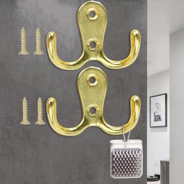 Imagem de 2 conjuntos de ganchos retrô cabides de toalha de parede para chapéus, roupas, ganchos de armazenamento doméstico, gancho duplo de parede, 5,2 x 3,9 x 2,2 cm (ouro)