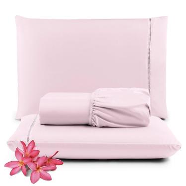 Imagem de Jogo De Lençol Casal Sublime Palito 400 Fios Micropercal Toque De Algodão 3 Peças Rosa - 100% Poliester