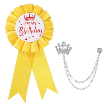Imagem de PATIKIL Broche de aniversário MY Birthday com fita de cetim e broche de corrente pendurada na coroa para decoração de festa de aniversário, One Size, Liga de aço, Sem Pedra Preciosa