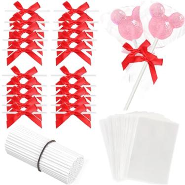 Imagem de Kit de fabricação de pirulitos, palitos de 15 cm com sacos transparentes, laços rosa para decoração de casamento, 300 peças (vermelho)