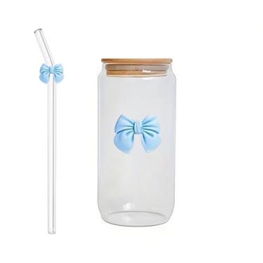 Imagem de Copo de canudo de arco de vidro com tampa e canudo, design criativo de laço colorido, copo de vidro simples, adequado para decoração de casa, copo de água potável diário para casa, copo de água de