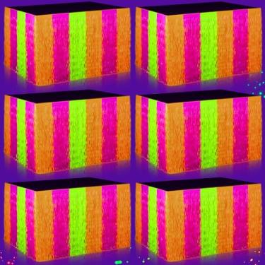 Imagem de Frienda Pacote com 6 saias de mesa com franjas neon que brilham no escuro 0,8 x 2,7 m macaron fluorescente colorido borla decorações de festa glitter cabine de fotos adereço para decoração brilhante