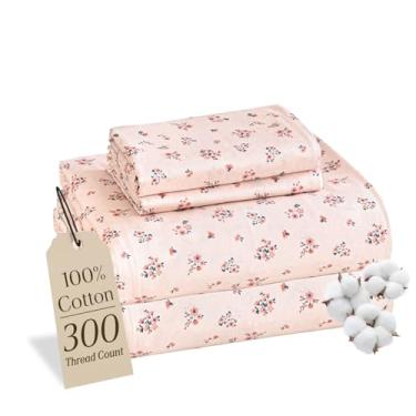 Imagem de MCO Jogo de lençol 100% algodão estampado floral, conjunto de lençóis Queen de algodão 300 fios, bolso profundo de 40,6 cm, lençóis refrescantes respiráveis 4 peças (Queen, floral rosa)