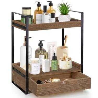 Imagem de Organizador de banheiro de 2 andares, bancada com gaveta, prateleira de madeira para armazenamento, bandeja de penteadeira para organização e decoração, organizador de bancada para banheiro, cozinha
