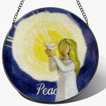 Imagem de LAOWEIKI Ornamento de anjo da paz de 20 cm, pendurado em vitrais, decoração de janela de apanhador de sol, decoração de férias, presentes para Natal, presente cristão, presente religioso, presentes
