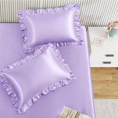 Imagem de Homiest Conjunto de 2 peças de fronhas com babados e cetim, lençol de cetim duplo lavanda com fronhas com babados, bolso profundo de 38 cm, jogo de cama fofo e coquete de seda para decoração de quarto