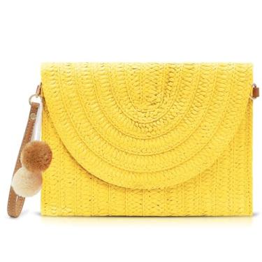 Imagem de QTKJ Bolsas transversais para mulheres, bolsas clutch de palha, pacote envelope de tecido boêmio feito à mão, Amarelo