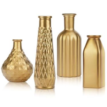 Imagem de Conjunto de 4 vasos dourados de vidro com padrão de onda de diamante, várias alturas (12,5 a 22 cm) para centro de mesa e decoração de casa