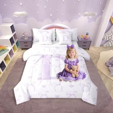 Imagem de Erosebridal Jogo de cama solteiro de 7 peças com laço e corações de amor, decoração de quarto de sonho, cama de fada, roxo, letra D