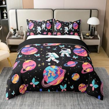 Imagem de Erosebridal Capa de edredom 100% algodão astronauta solteiro com tema do espaço sideral galáxia céu estrelado decoração colcha universo planeta jogo de cama para meninos meninas crianças jogo de cama