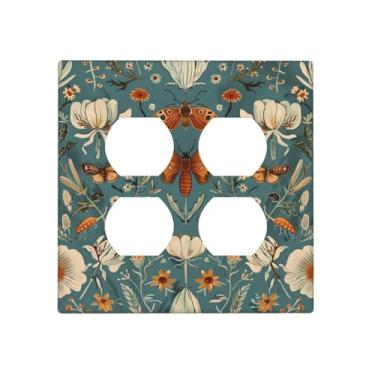 Imagem de DWBGUO Capas de tomada decorativas com borboleta rústica, flor branca em fundo azul, design de placa de parede de 2 grupos, receptáculo duplex duplo, capa de interruptor de luz para decoração de casa