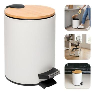 Imagem de Lixeira Com Pedal 3l Metal E Bambu Para Cozinha Banheiro Cesto Removív