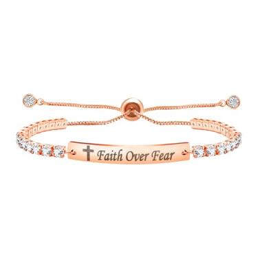 Imagem de OIDEA Pulseiras de tênis para mulheres: Faith Over Fear Presentes Inspiradores para Mulheres 3 mm Slim Retangular Zircônia Aço Inoxidável Ajustável Slider Correntes Pulseiras Joias Presentes, one size