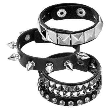 Imagem de Bremorou Conjunto de 3 pulseiras de couro cravejadas punk rock com cravos, acessórios de joias góticas, para skatistas descolados, motociclistas, homens e mulheres, ajustáveis pretas