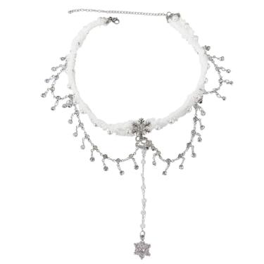 Imagem de Colar elegante com pingente de floco de neve de flocos de neve elegante Y2k branco falso pérola gargantilha doce declaração inverno Natal pingente colar pescoço festa de Natal joias de casamento para
