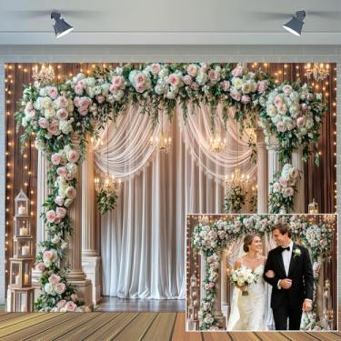 Imagem de Pano de fundo de madeira para casamento, 3 x 2,4 m, cortina branca com glitter, rosa, floral, porta de parede, cenários para fotografia ocidental, vintage, aniversário, aniversário, chás de bebê